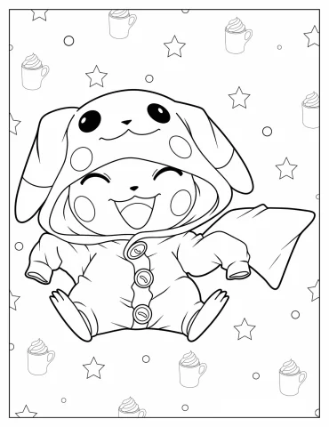 Cute Pikachu Wearing Raincoat Coloring In