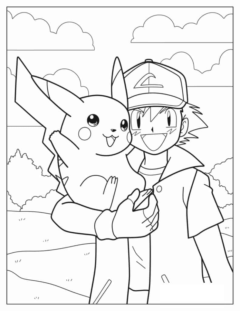 Simple Outline Of Ash Carrying Pikachu Coloring Page