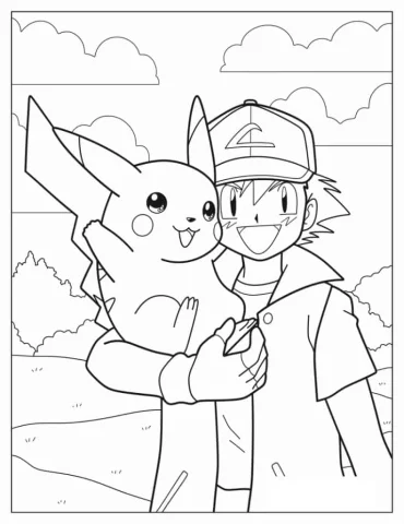 Simple Outline Of Ash Carrying Pikachu Coloring Page