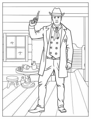 Realistic Cowboy With Gun In Saloon Coloring Page