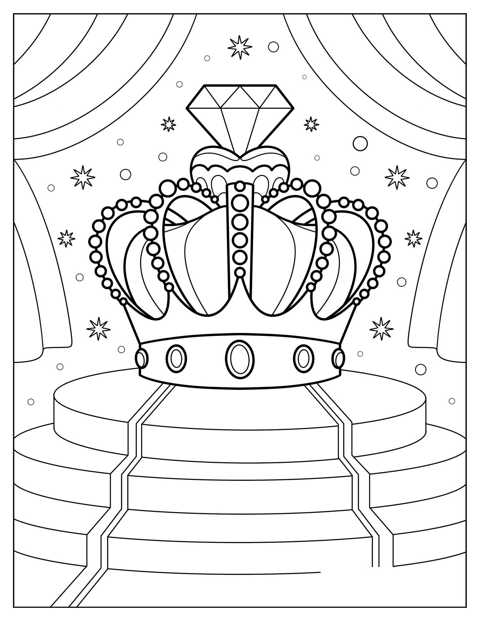 Royal Crown With Large Diamond Displayed on a Grand Staircase Coloring Page