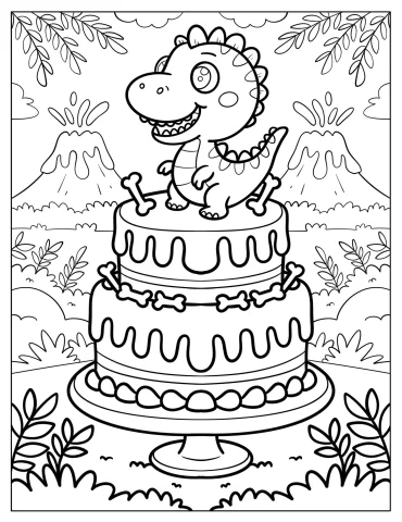 Dinosaur Cake with Bone Designs and Erupting Volcanoes in the Background Coloring Page for Kids