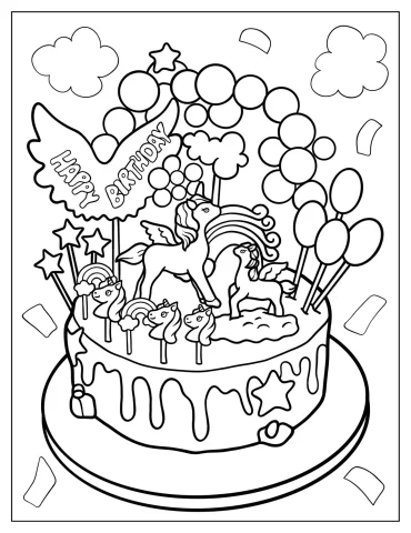 Unicorn Birthday Cake Coloring In For Kids