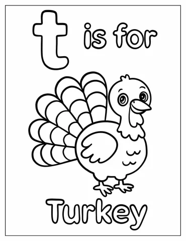Simple T for Turkey Flashcard Coloring Page for Preschoolers