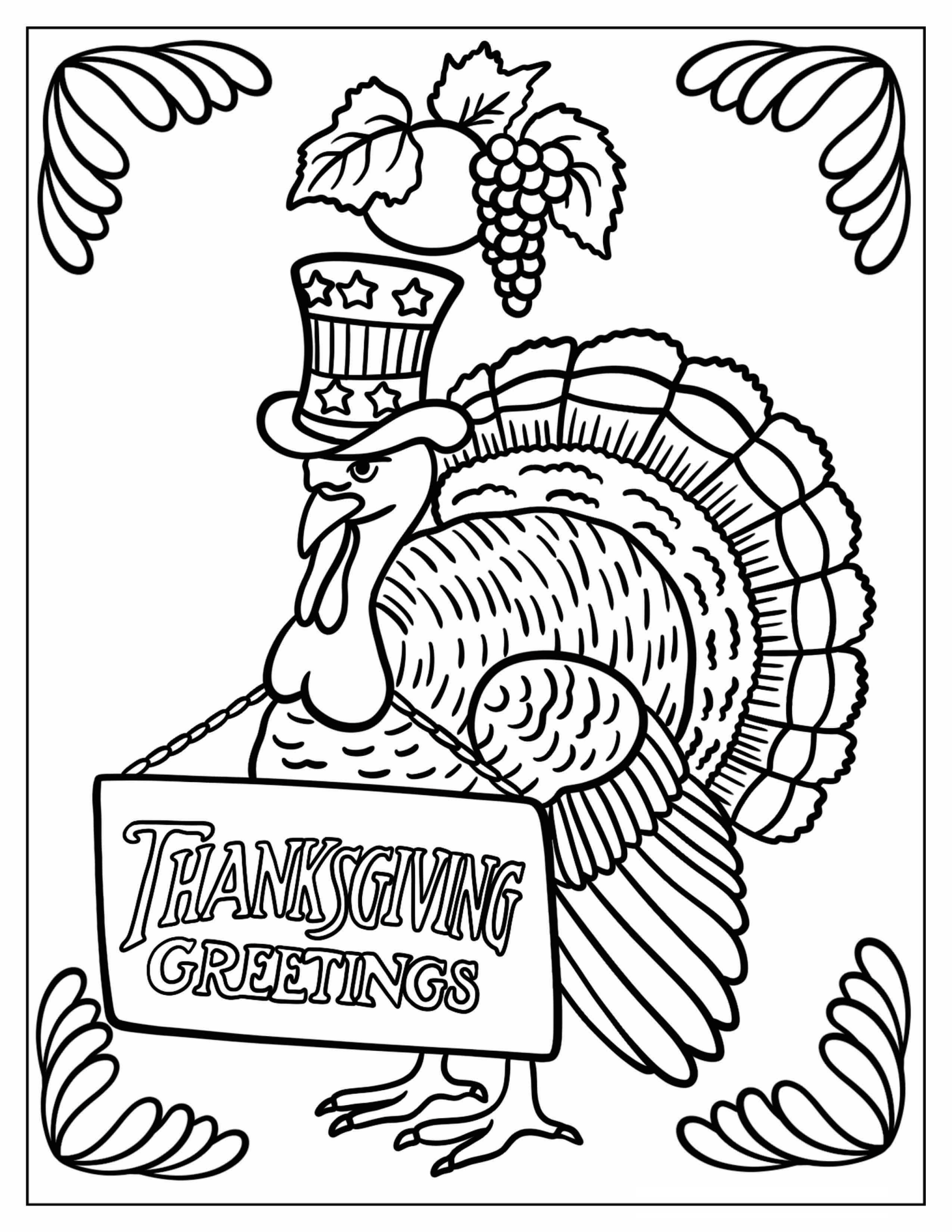 Turkey With Thanksgiving Greeting Sign Coloring Page