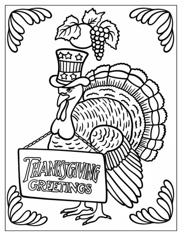 Turkey With Thanksgiving Greeting Sign Coloring Page