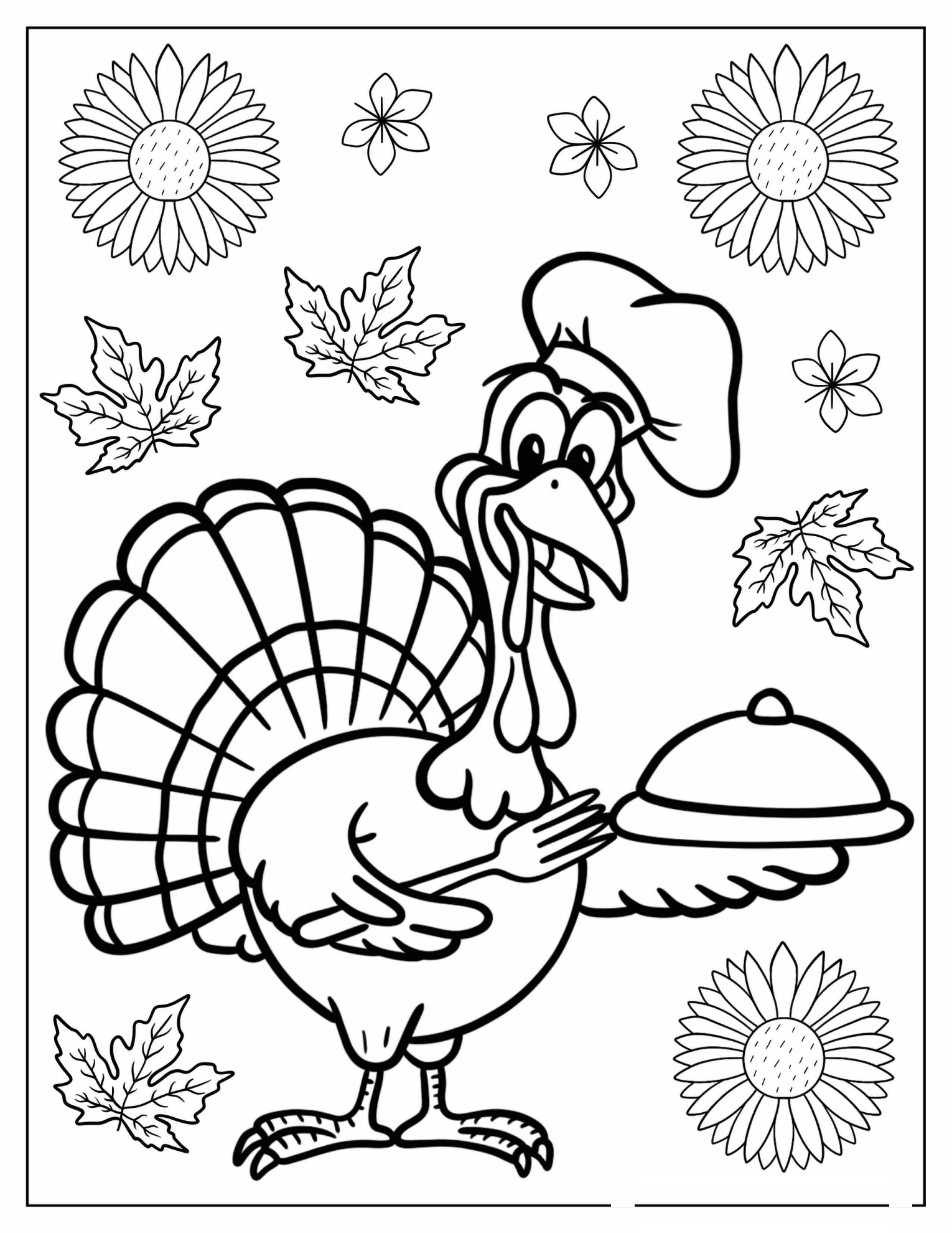 Turkey Chef Serving Dinner Coloring Sheet