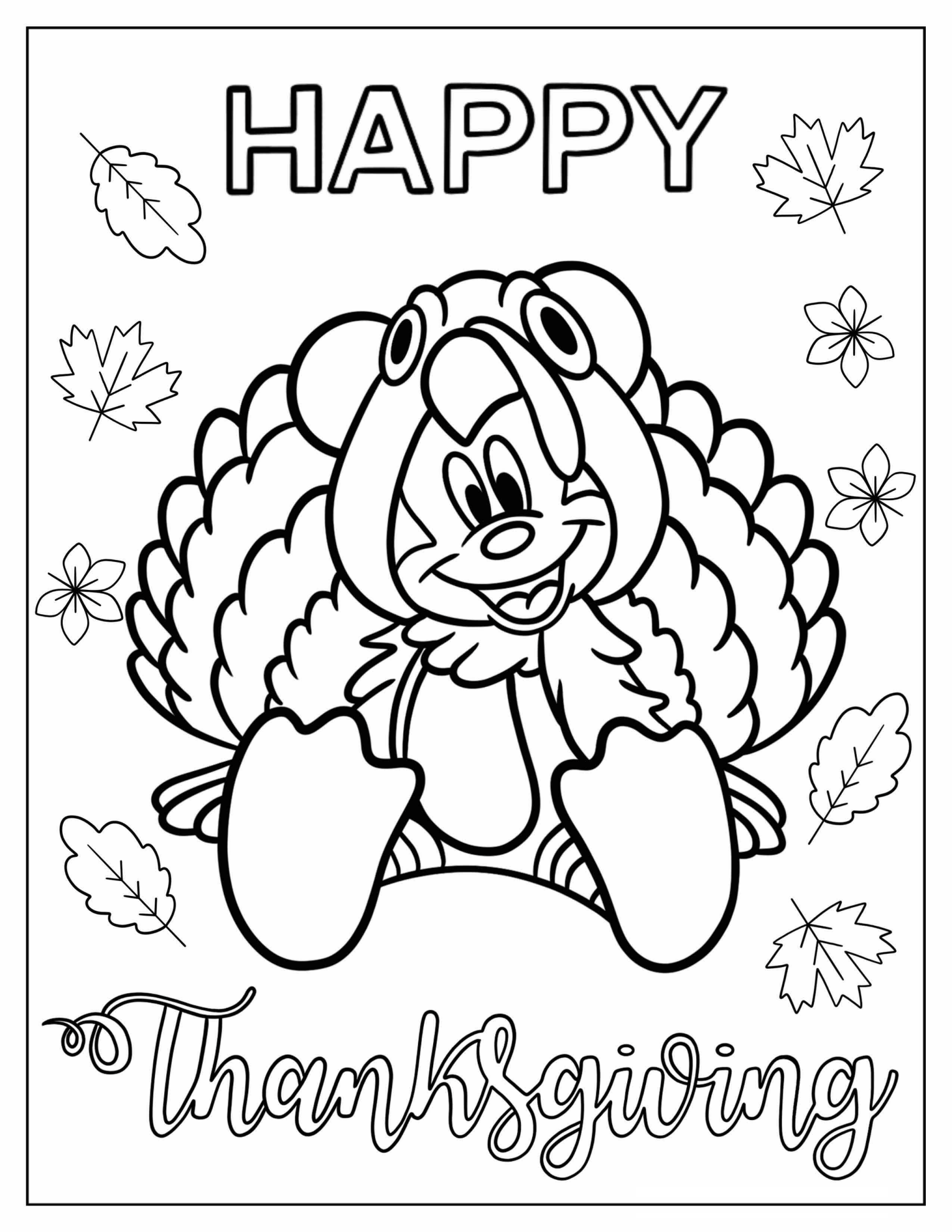 Mickey Mouse In A Turkey Costume Coloring Sheet