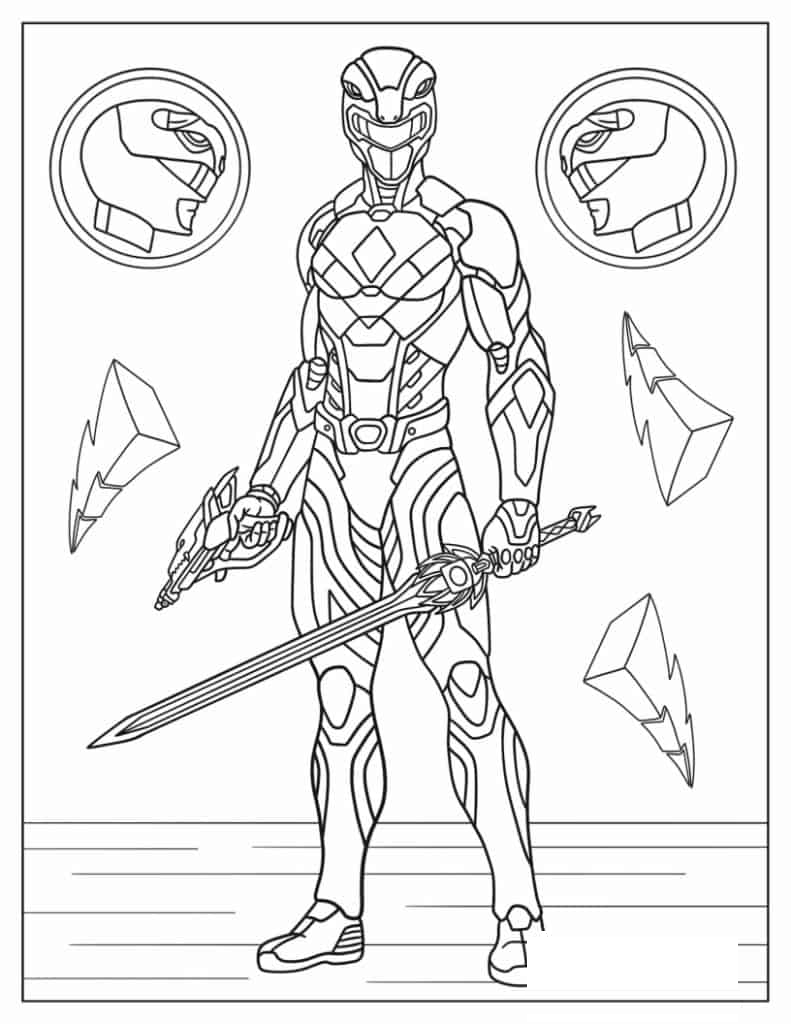 Power Ranger Holding Gun And Sword Coloring Sheet