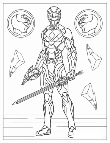 Power Ranger Holding Gun And Sword Coloring Sheet
