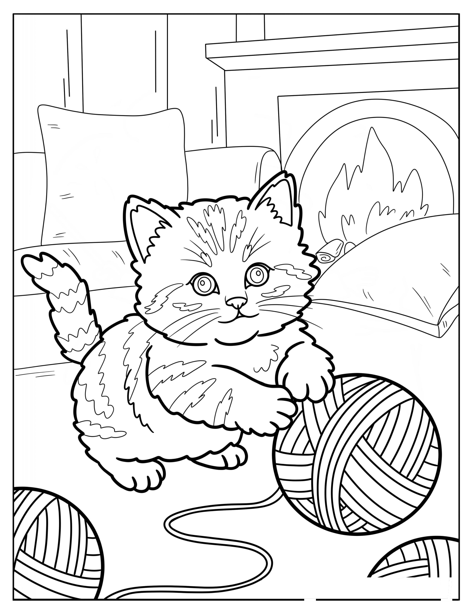Little Kitten Playing with Large Balls of Yarn Coloring Page