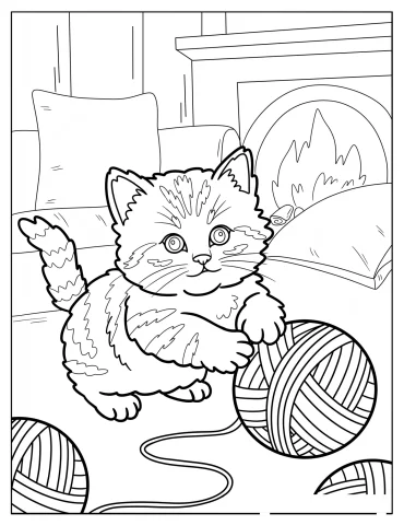 Little Kitten Playing with Large Balls of Yarn Coloring Page