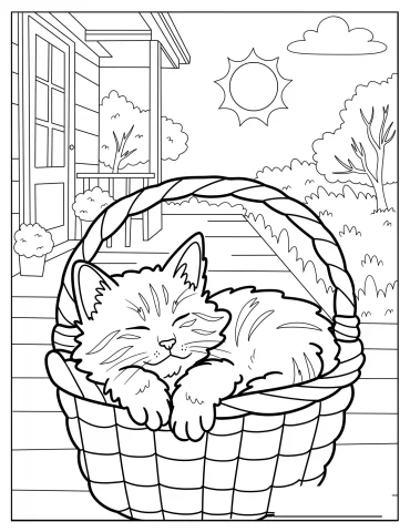 Kitten Sleeping in a Basket on a Porch Coloring Sheet