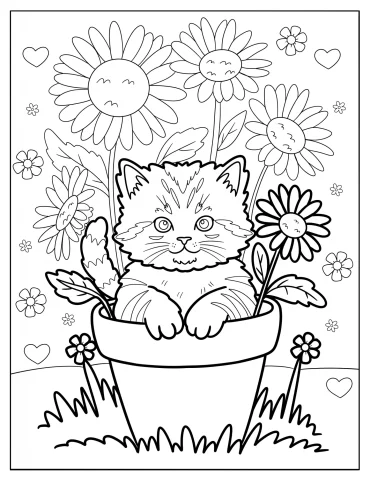 Kitten in a Flower Pot with Sunflowers