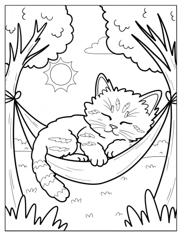 Sleeping Kitten on a Hammock Coloring Page