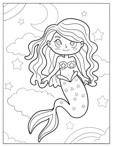Cute Mermaid Swimming In The Night Sky