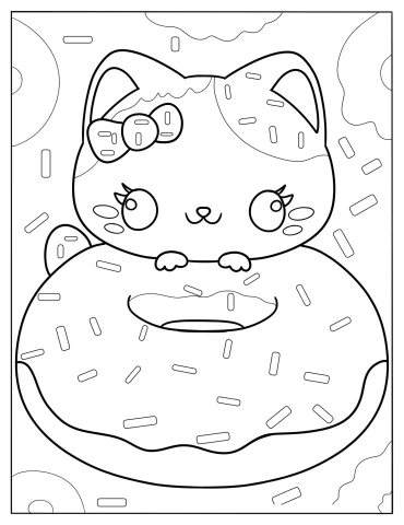 Adorable Cat With A Giant Donut Coloring Page