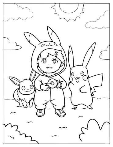Cute Pokemon Trainer With Pikachu And Eevee Coloring Sheet