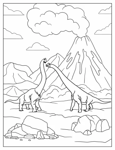 Two Brachiosaurus Fighting In Front Of A Smoking Volcano