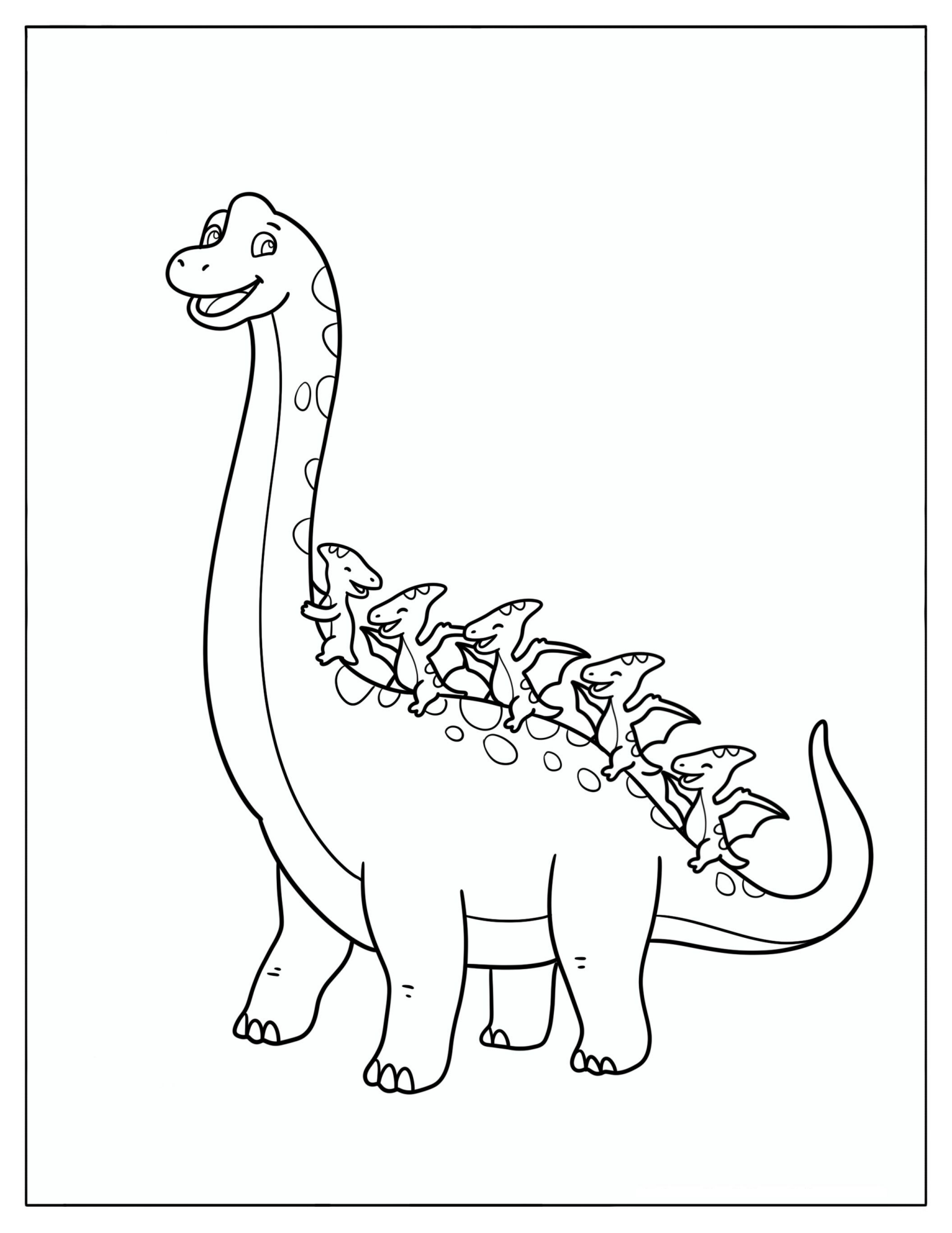 Brachiosaurus Carrying Baby Dinosaurs on Its Back Coloring Sheet