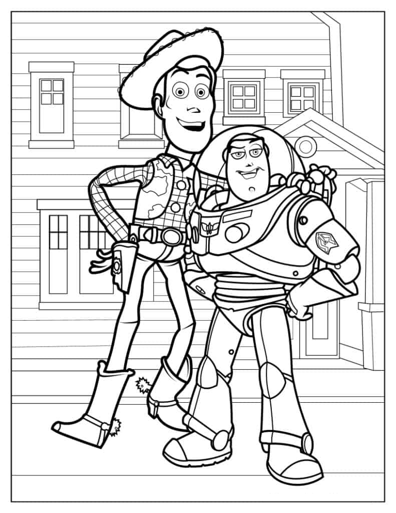 Woody And Buzz Lightyear Standing In Front Of Doll House Coloring In