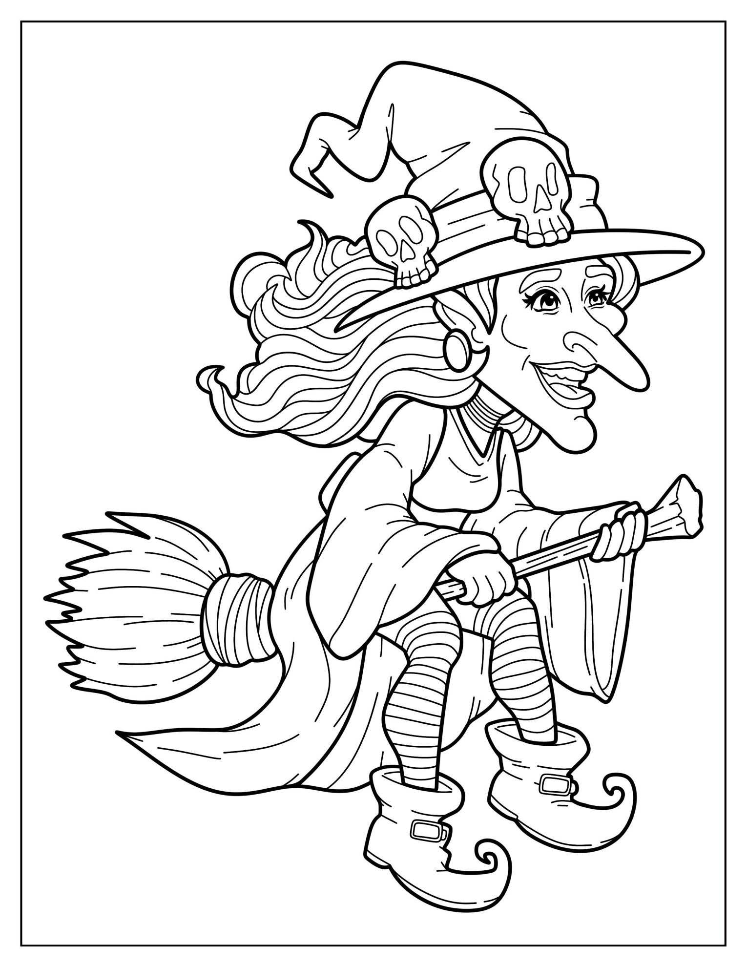 Witch With Pointed Nose And Chin Riding A Broomstick Coloring Page For Kids