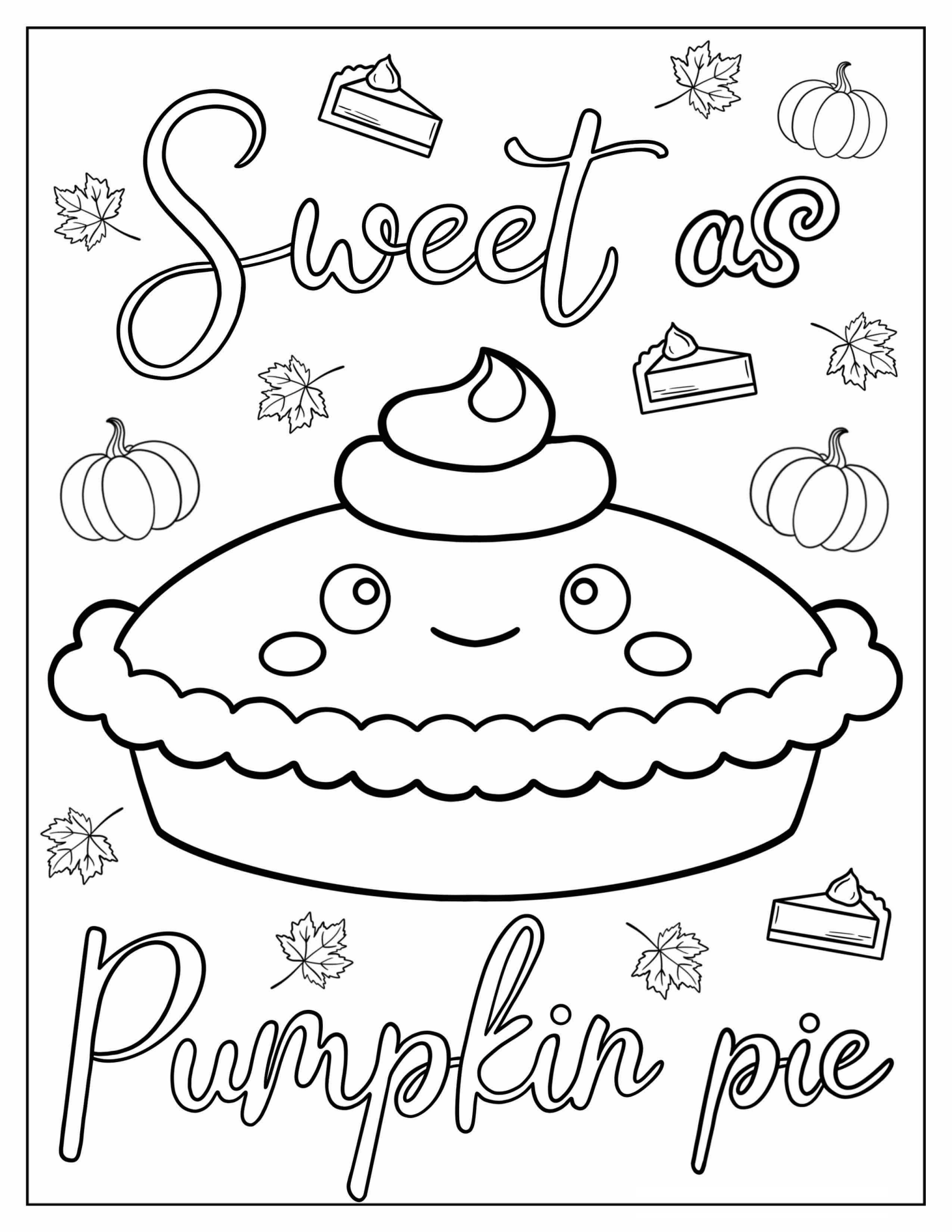 Kawaii Sweet As Pumpkin Pie Coloring Page For Preschoolers