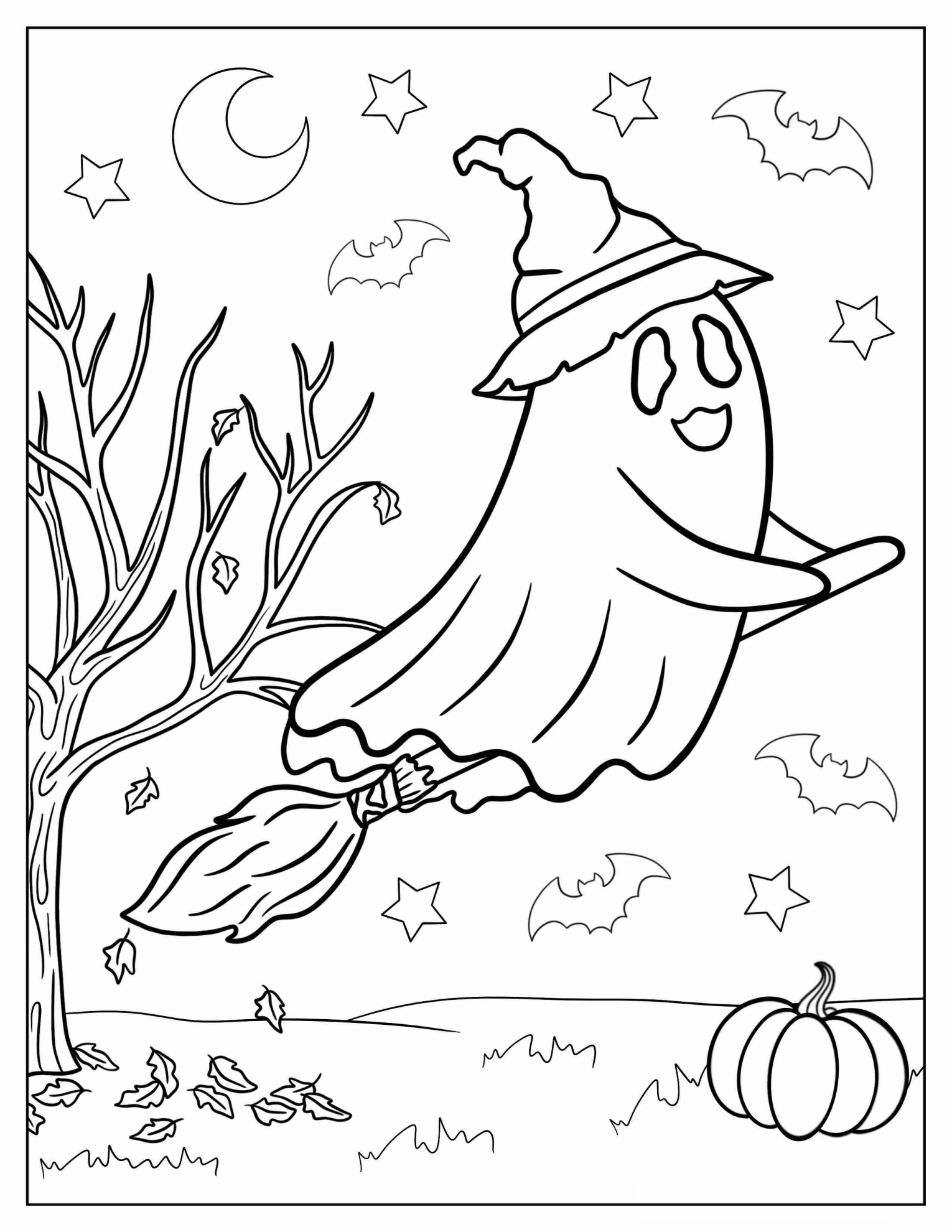 Halloween Ghost On Broom In Autumn Coloring Sheet
