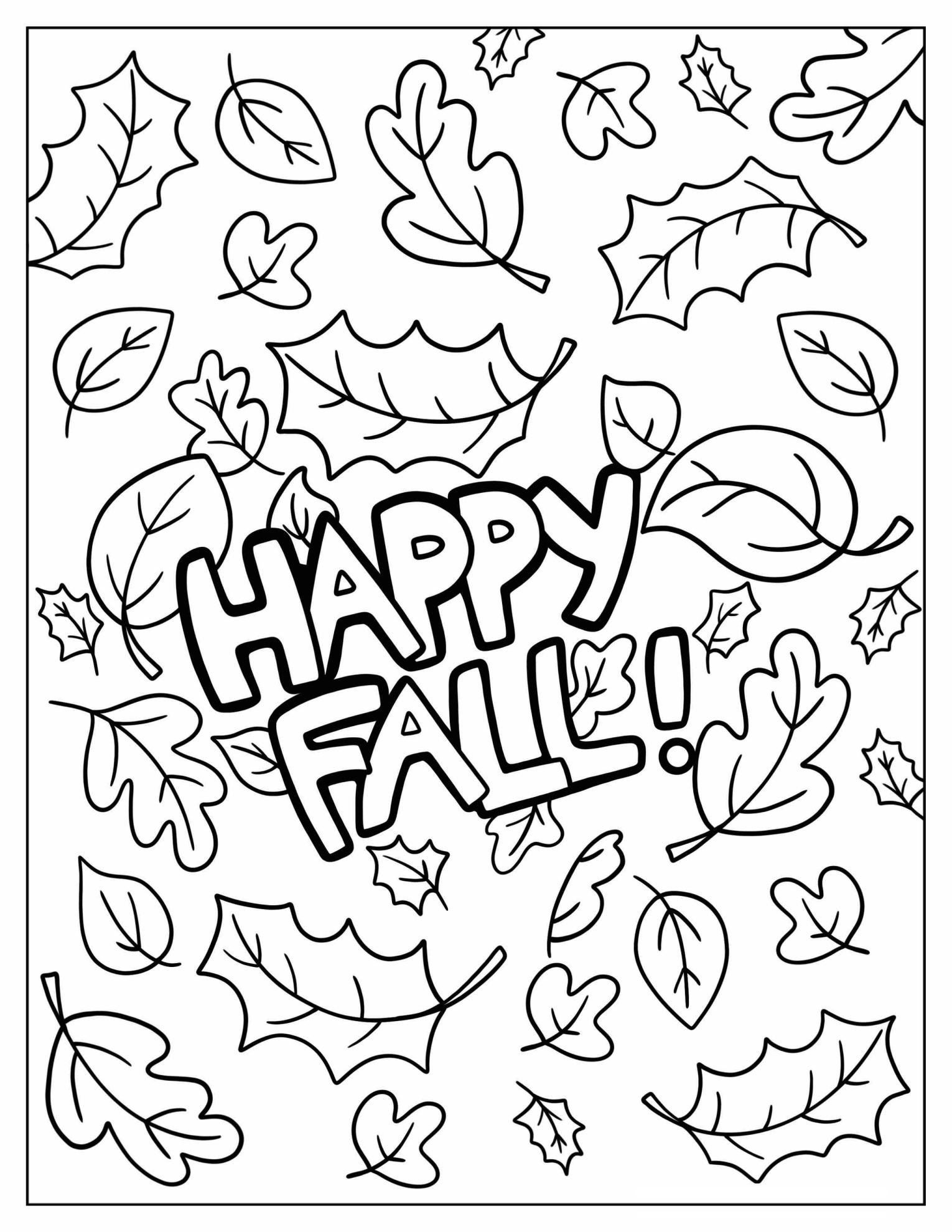 Happy Fall Words In Middle Of Autumn Leaves Coloring Sheet