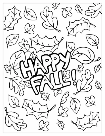 Happy Fall Words In Middle Of Autumn Leaves Coloring Sheet