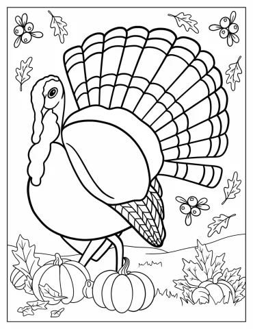 Large Turkey Walking In Field With Pumpkins Coloring Page
