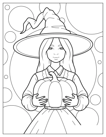 Young Witch Holding A Pumpkin Coloring Page