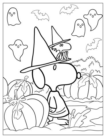 Easy Snoopy Wearing Witch Hat With Woodstock Halloween Coloring Sheet