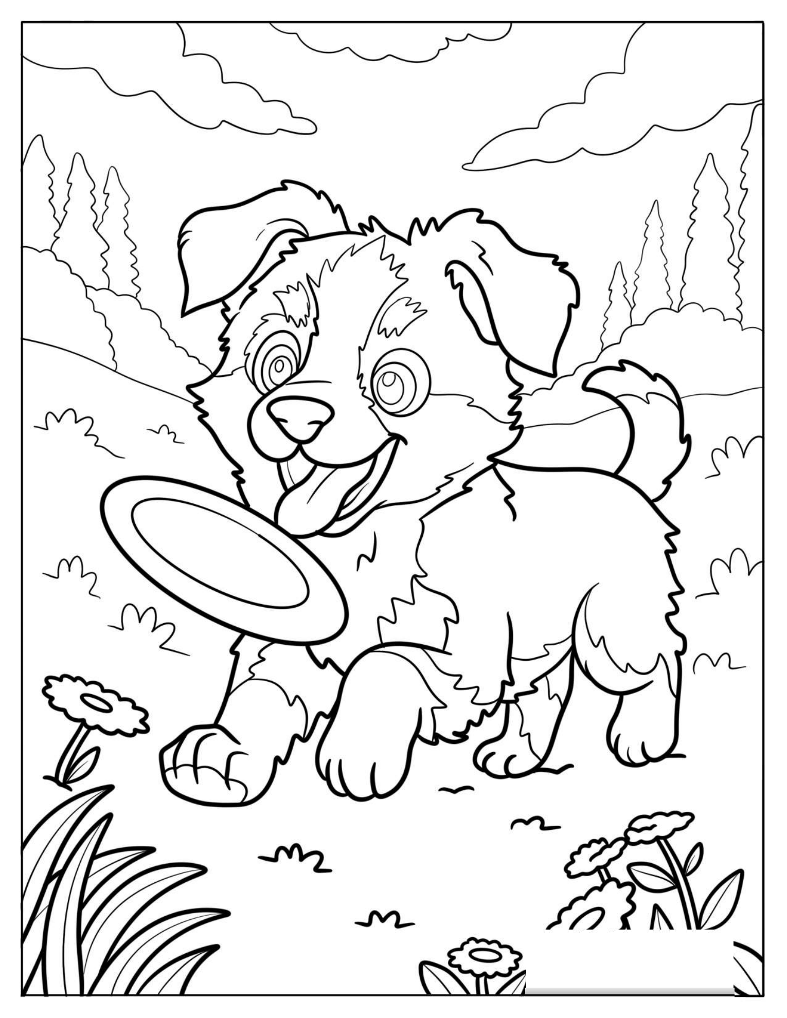 Australian Shepherd Puppy Chasing A Frisbee Coloring Page