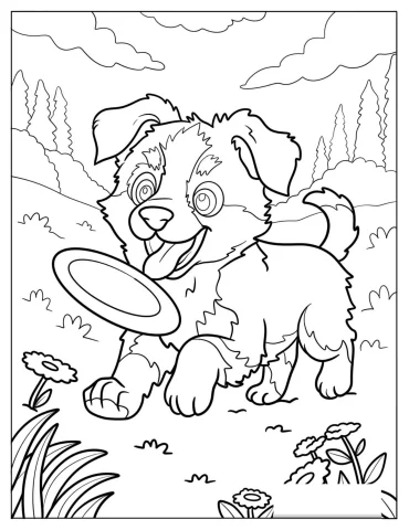 Australian Shepherd Puppy Chasing A Frisbee Coloring Page