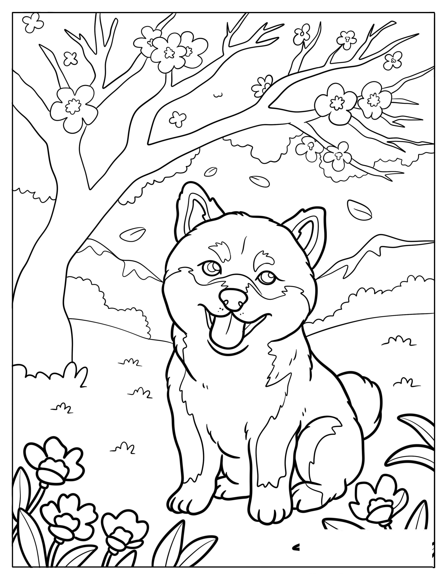 Detailed Shiba Inu Puppy Under Cherry Blossom Tree Coloring Sheet