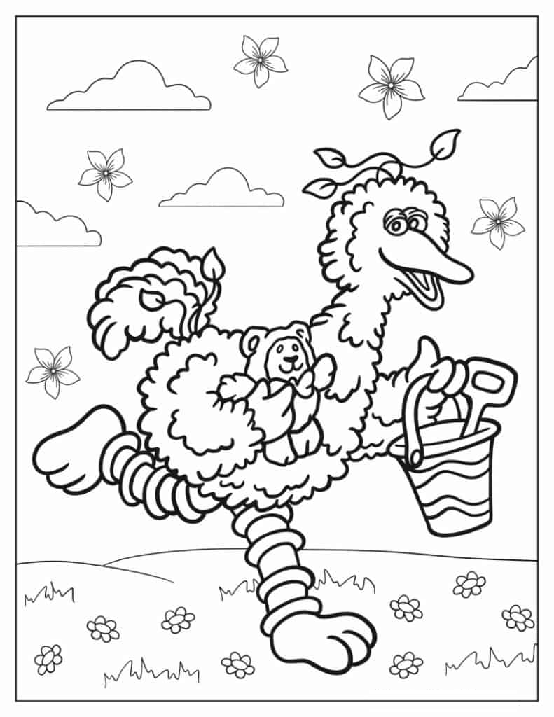 Big Bird Running In Field With Basket Coloring In For Kids