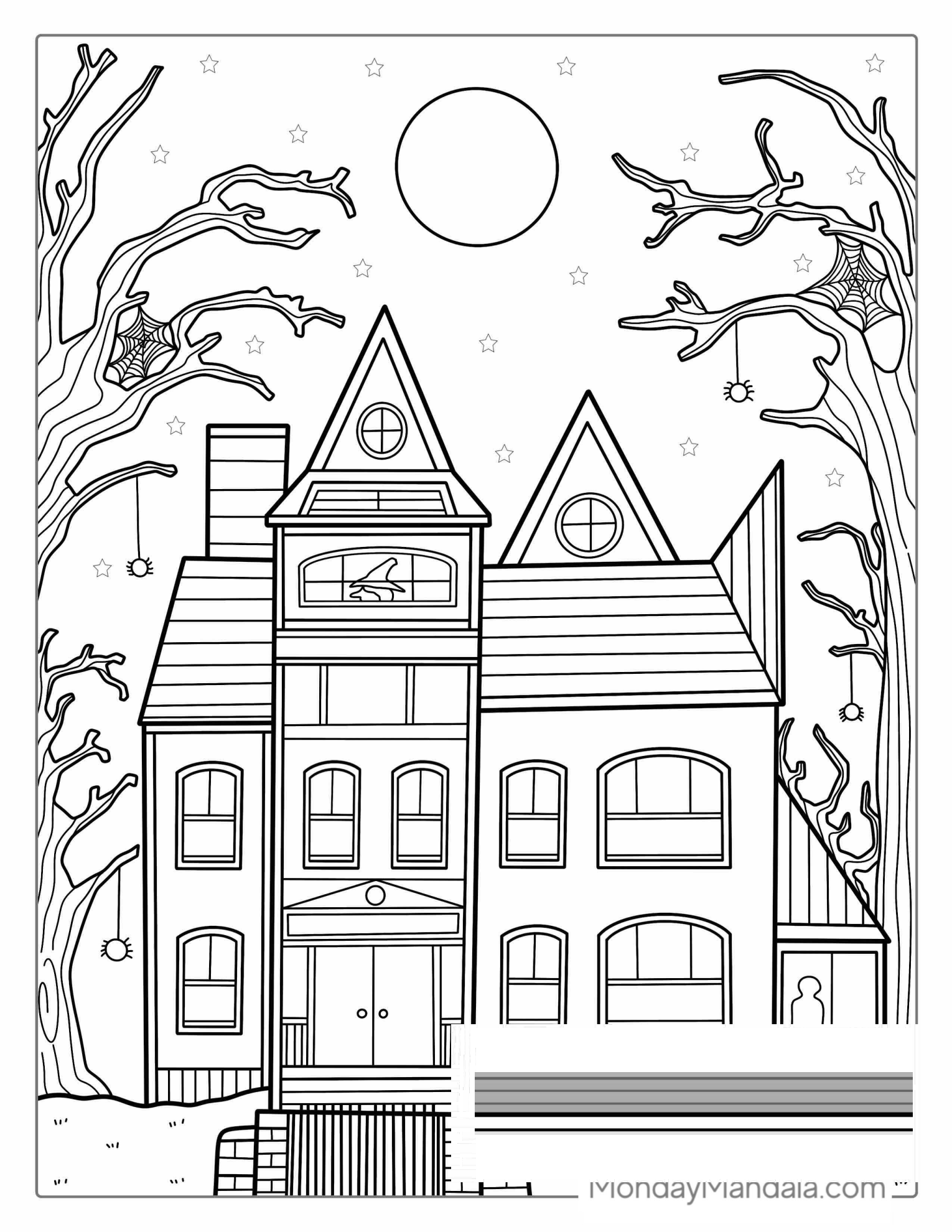 Haunted House With Spider Webs And Full Moon