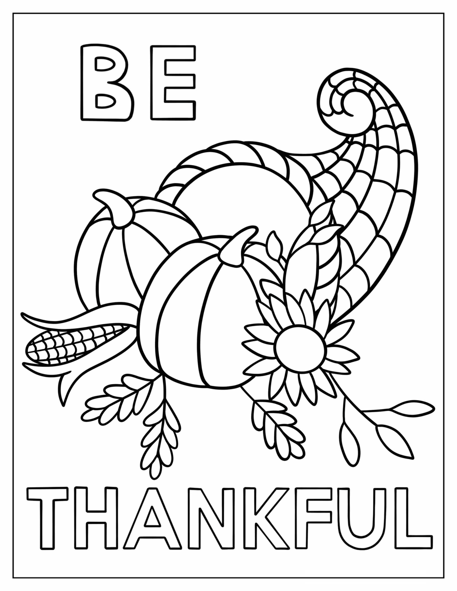 Be Thankful Cornucopia Coloring Page With Pumpkins