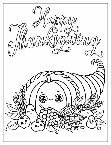 Kawaii Thanksgiving Cornucopia Coloring Sheet