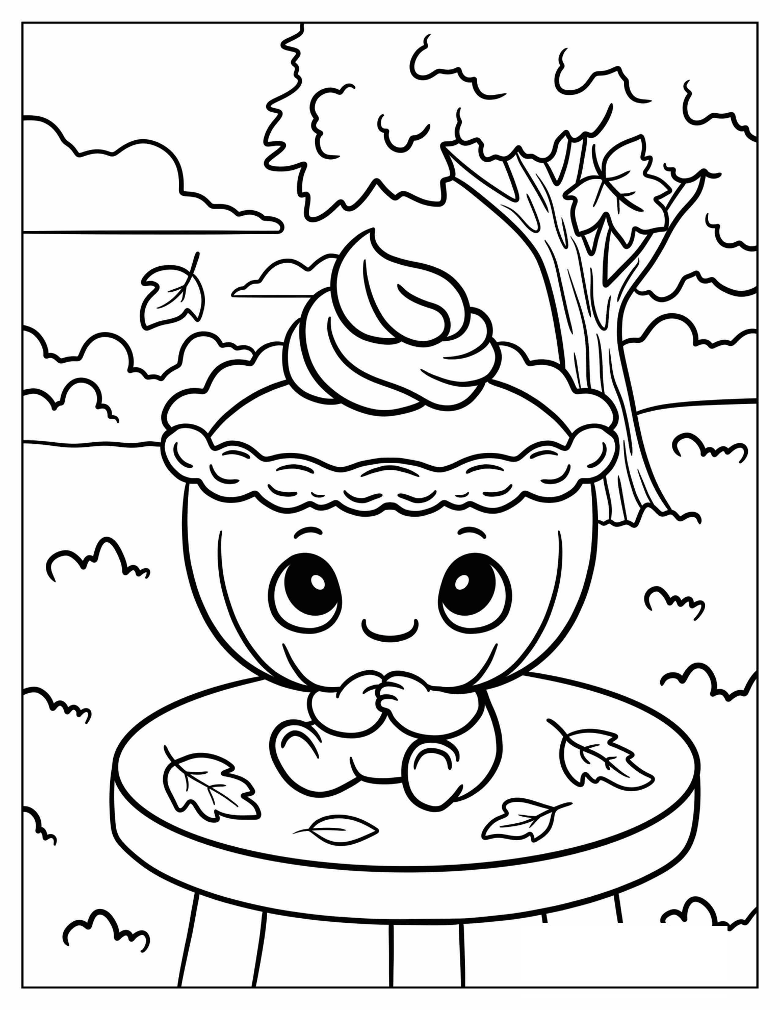 Kawaii Pumpkin Pie Sitting on Autumn Table Coloring Page for Preschoolers