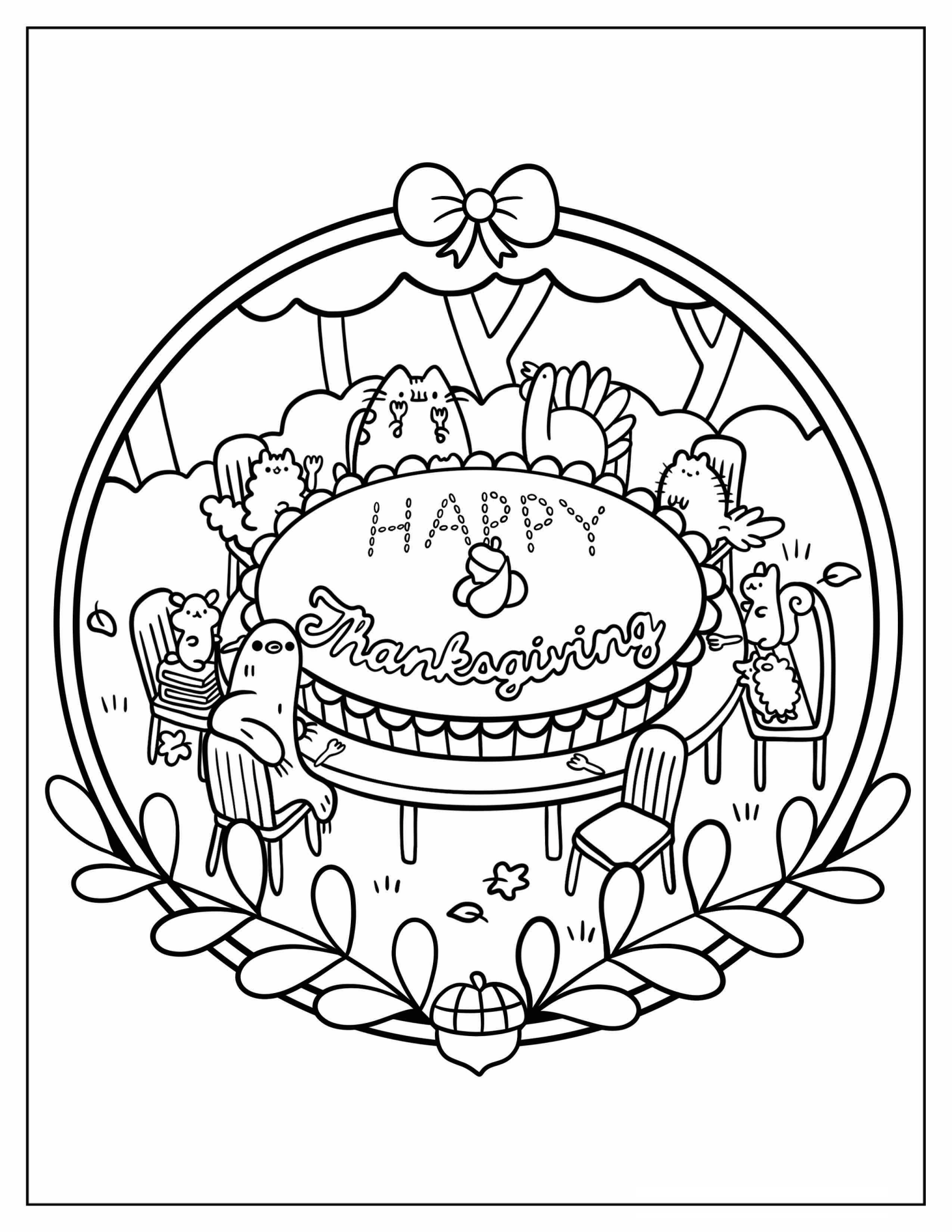 Pusheen And Friends Celebrating Thanksgiving Coloring Page For Kids
