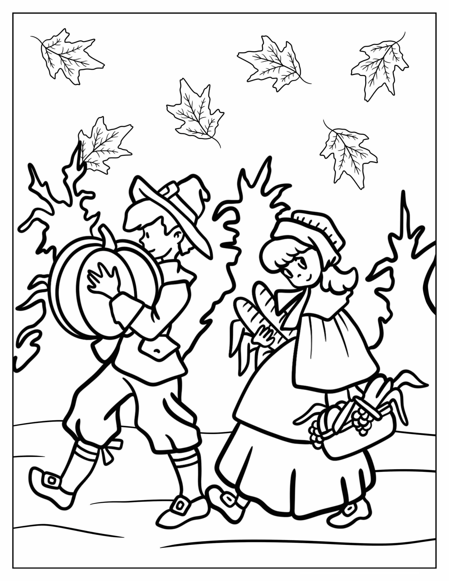 Male And Female Pilgrim Carrying Harvest Coloring Sheet