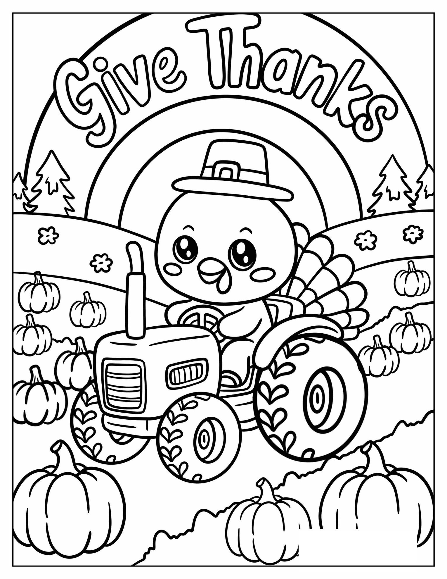 Give Thanks Text with a Turkey on a Tractor Coloring Sheet for Kids