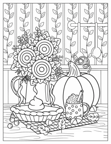 Coloring Sheet Of Thanksgiving Meal On Table
