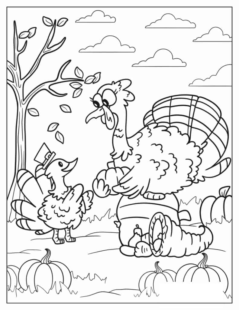 Big Turkey Passing Pumpkin To Small Turkey On Thanksgiving