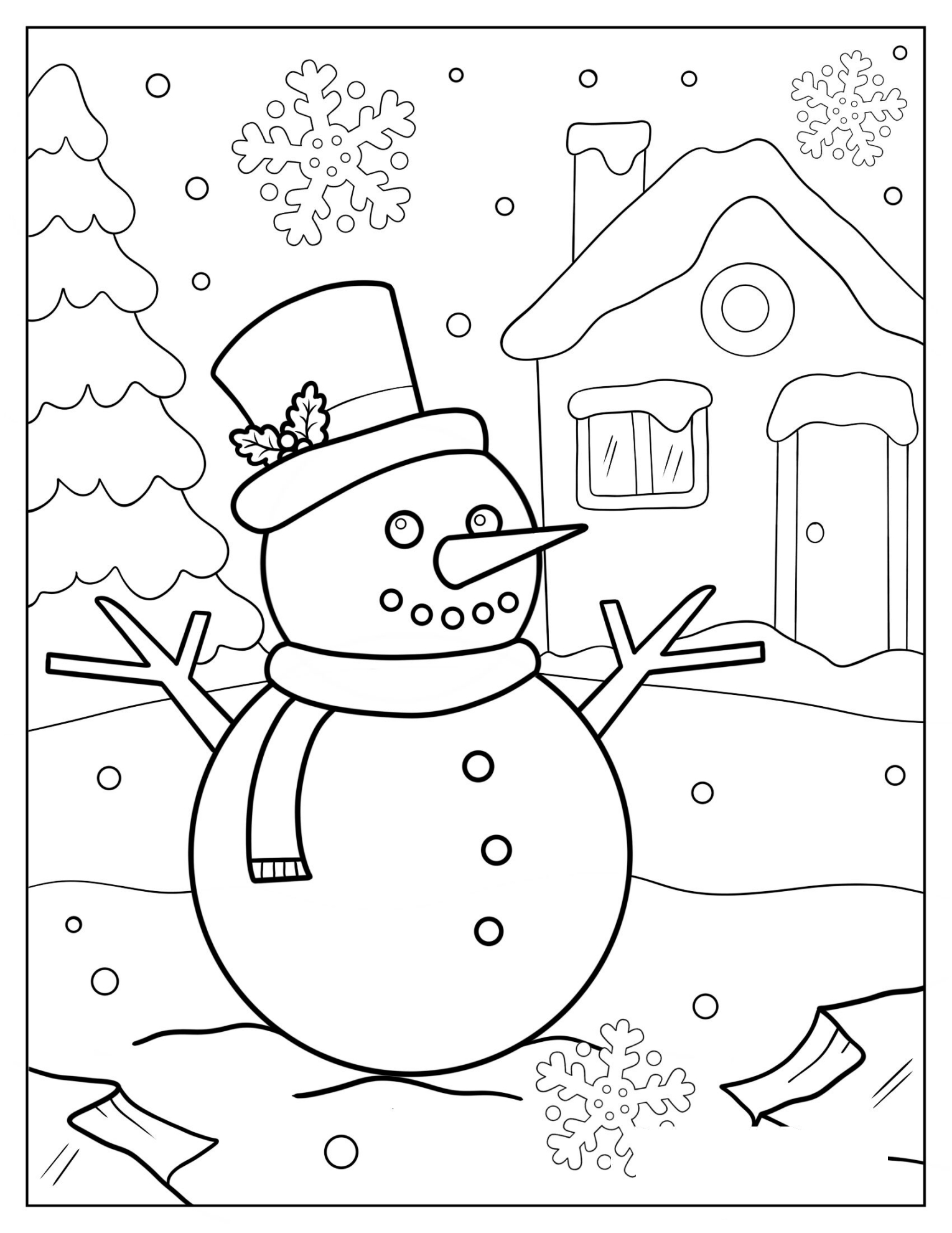 Snowman Outside House On Snowy Day Coloring In