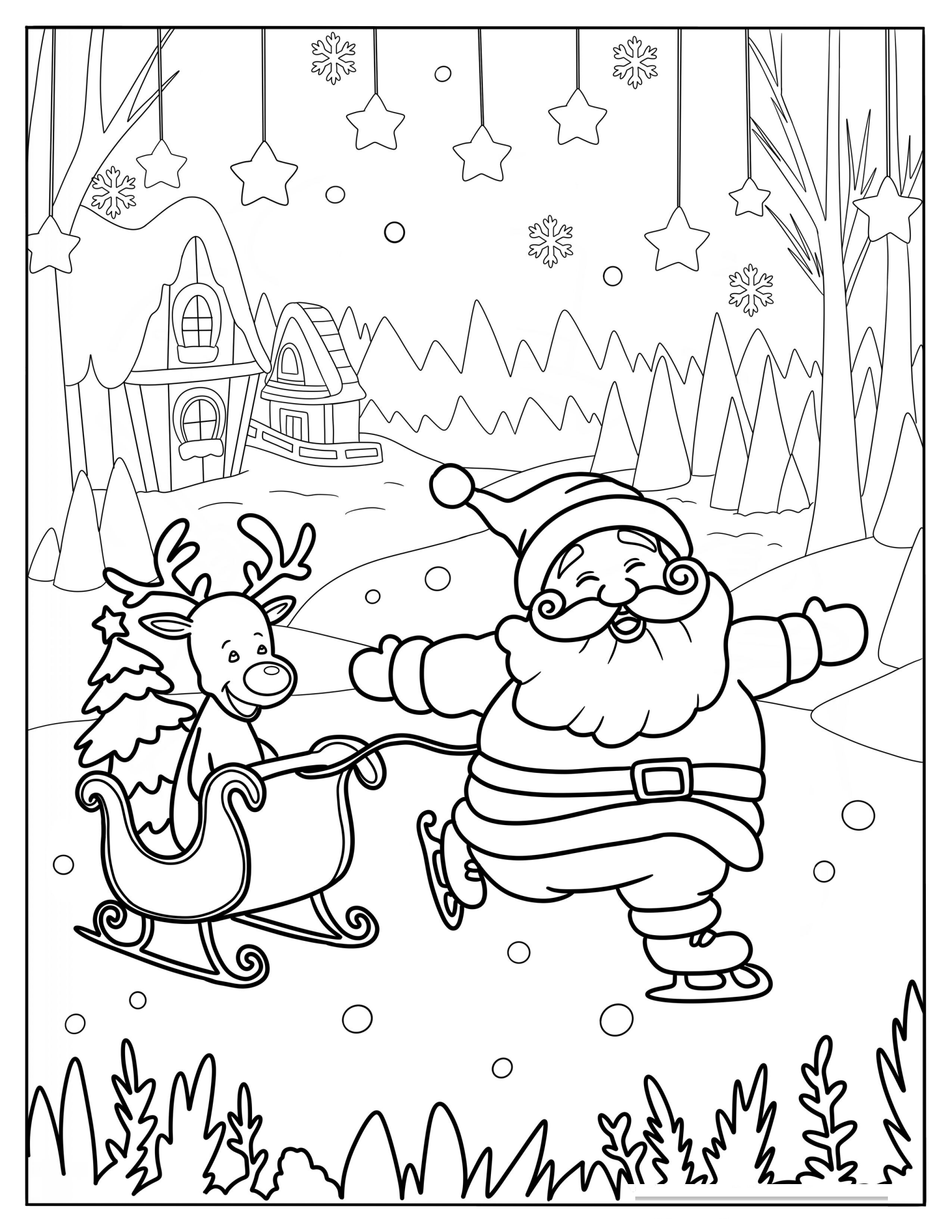 Santa Ice Skating With Rudolph In A Sleigh Coloring Sheet