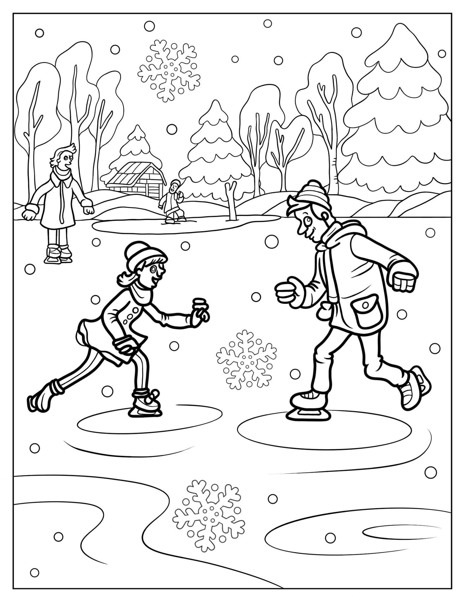 People Ice Skating In Winter Coloring In For Kids