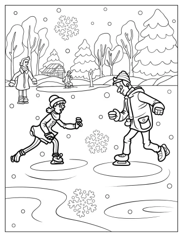 People Ice Skating In Winter Coloring In For Kids